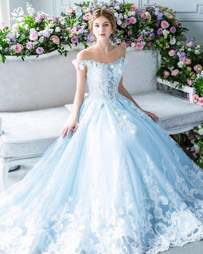 Đầm váy dạ hội lệch vai màu xanh xẻ tà đính phale sang trọng DH058
