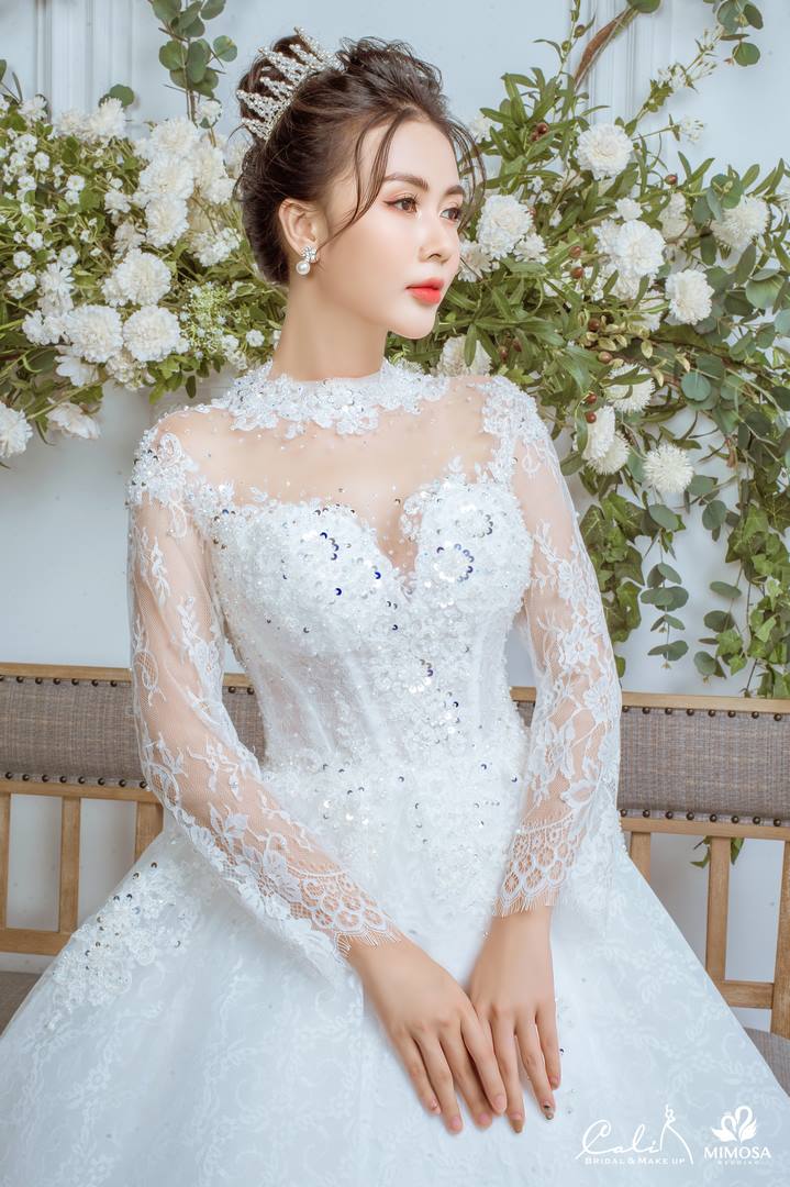 Váy cưới công chúa tay dài  Ren hoa đính đá